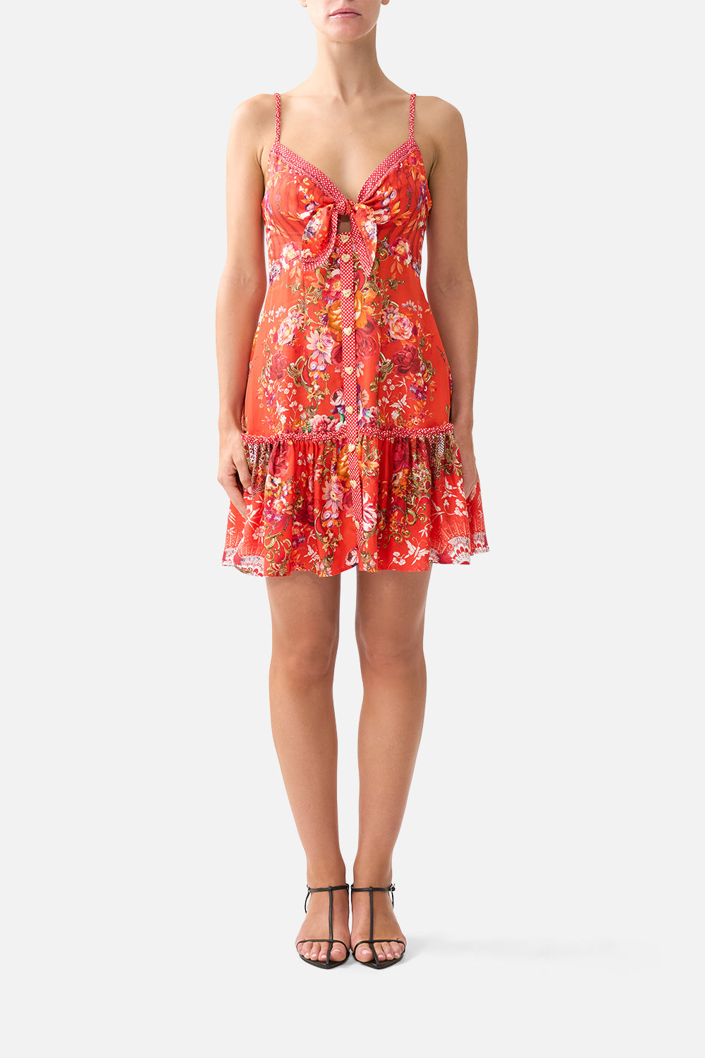 CAMILLA_00040412_TIE_FRONT_SHORT_DRESS_WITH_HEM_RUFFLE_OLE_OLE_MODEL_1