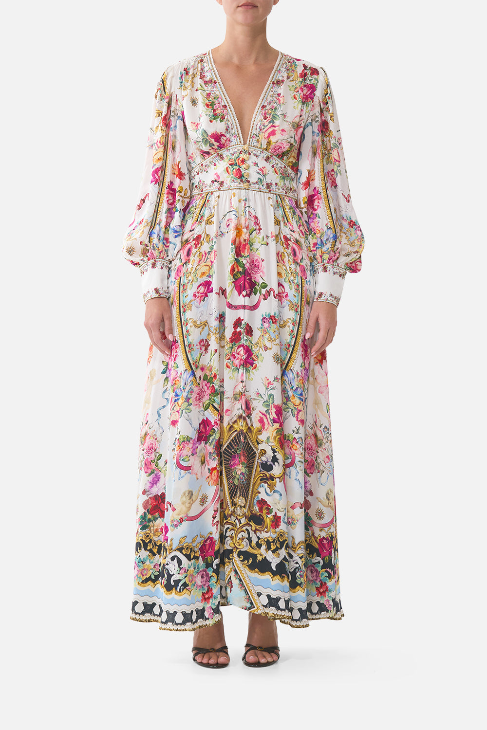 CAMILLA_00041269_SHAPED_WAISTBAND_DRESS_WITH_GATHERED_SLEEVES_TORERO_LIBERTINE_MODEL_1