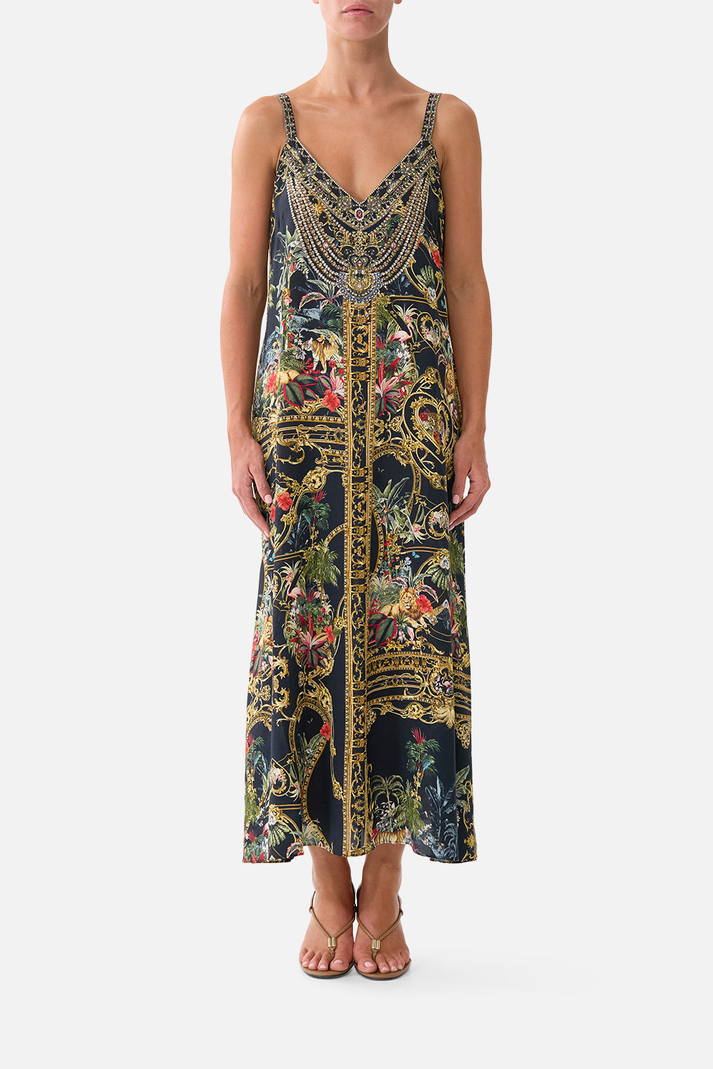 CAMILLA_00043025_V_NECK_MIDI_SLIP_DRESS_PALACE_ZOOLOGY_MODEL_1